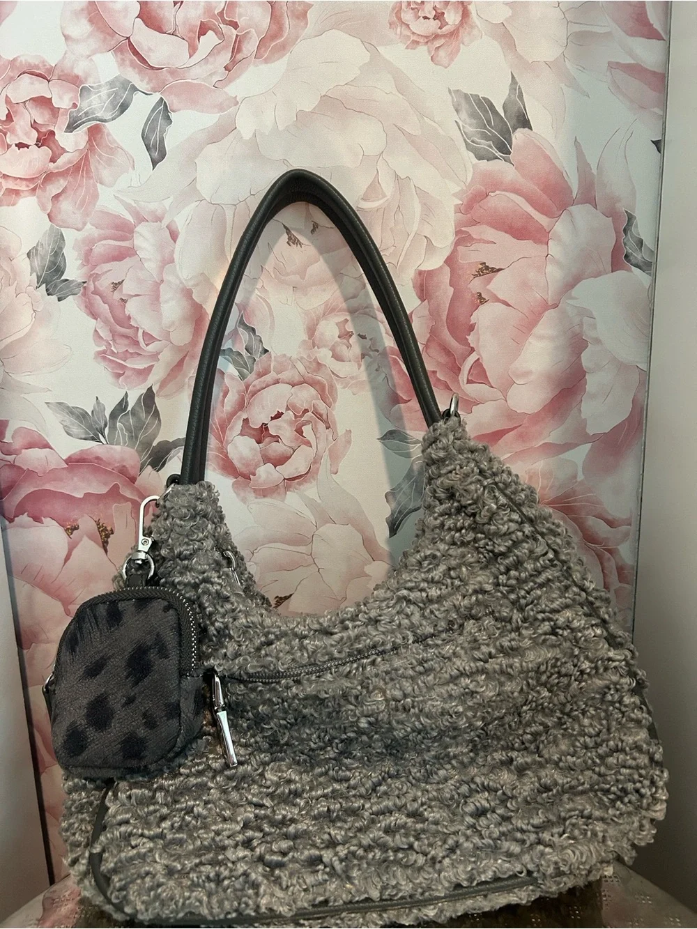 Gray Textured Shoulder Bag with Mini Pouch